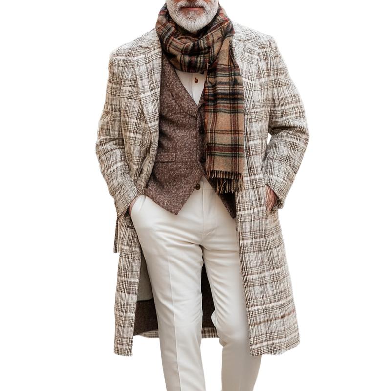 Men's Retro Plaid Printed Woolen Mid-Length Coat 9261109412024