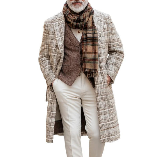 Men's Retro Plaid Printed Woolen Mid-Length Coat 9261109412024