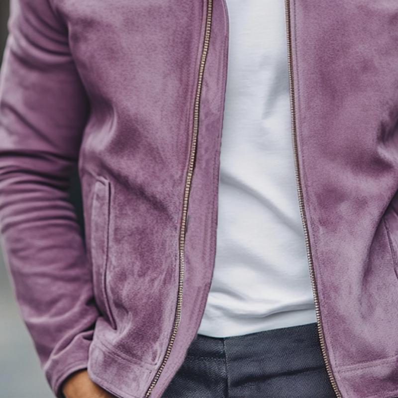 Men's Stylish Casual Solid Color Lapel Zipper Suede Jacket 9888007094456