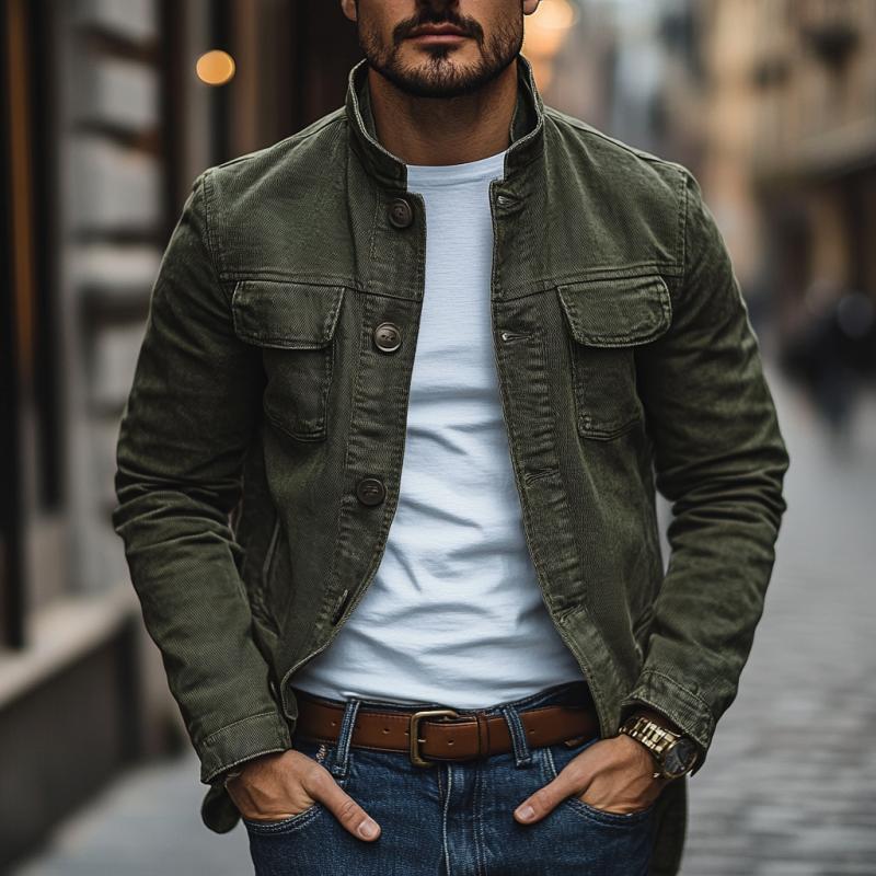 Men's Vintage Washed Cotton Canvas Stand Collar Single Breasted Slim Fit Jacket 9885320020152
