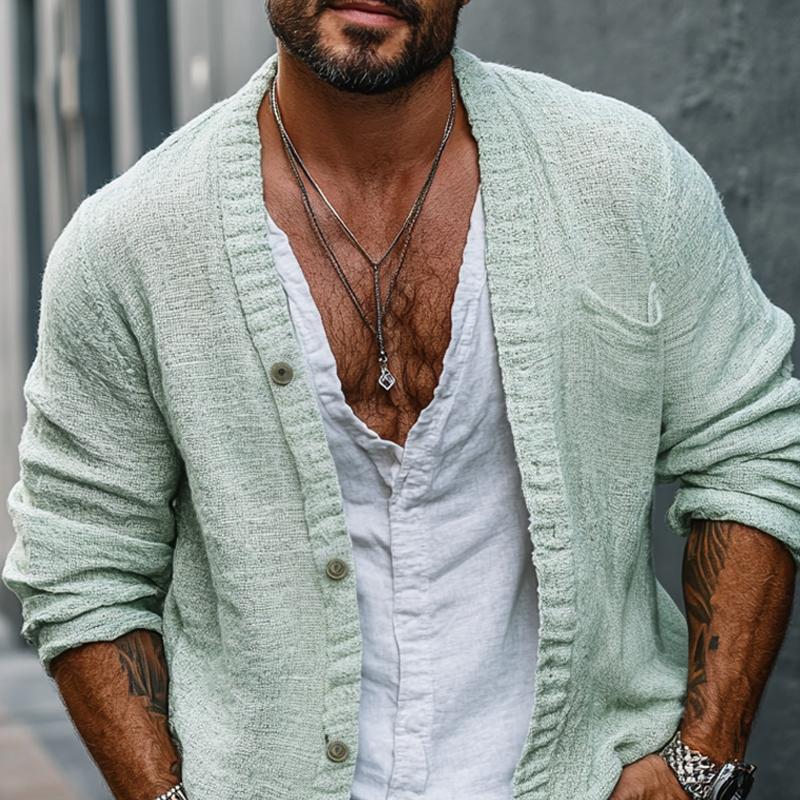 Men's Fashion Solid Color Collarless Long Sleeve Loose Shirt 9886819025080