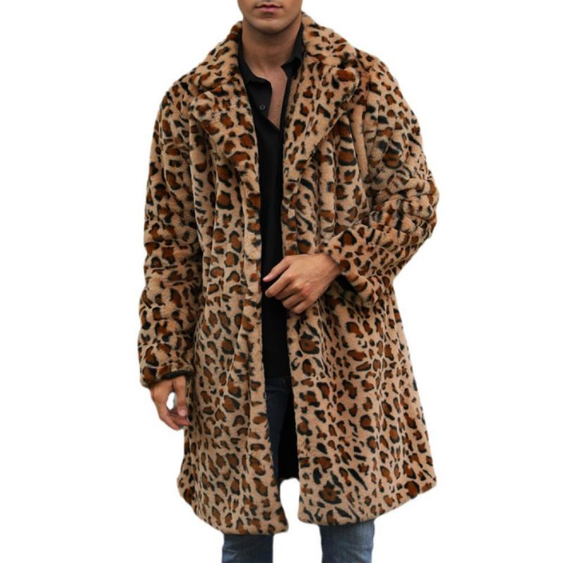 Men's Classic Casual Leopard Plush Faux Fur Suit Collar Mid-Length Coat 9261110132920