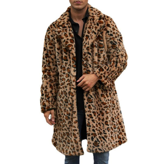 Men's Classic Casual Leopard Plush Faux Fur Suit Collar Mid-Length Coat 9261110132920