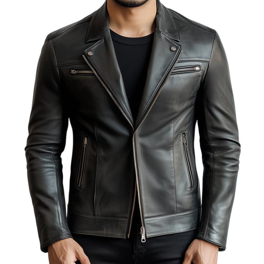 Men's Fashion Leather Lapel Zipper Biker Jacket 9887383027896