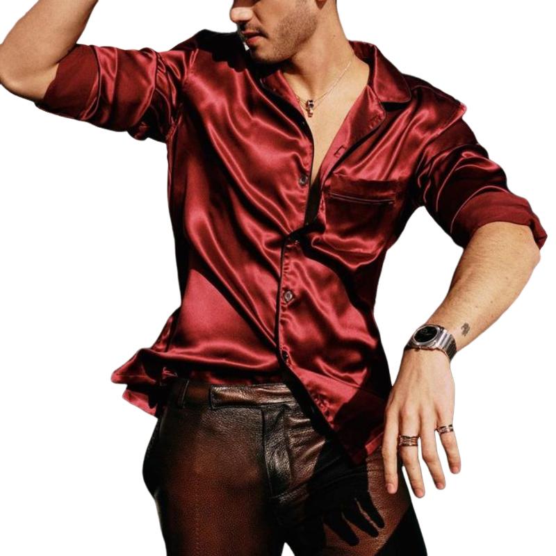 Men's Vintage Satin Lapel Loose Long Sleeve Shirt 9877644345528