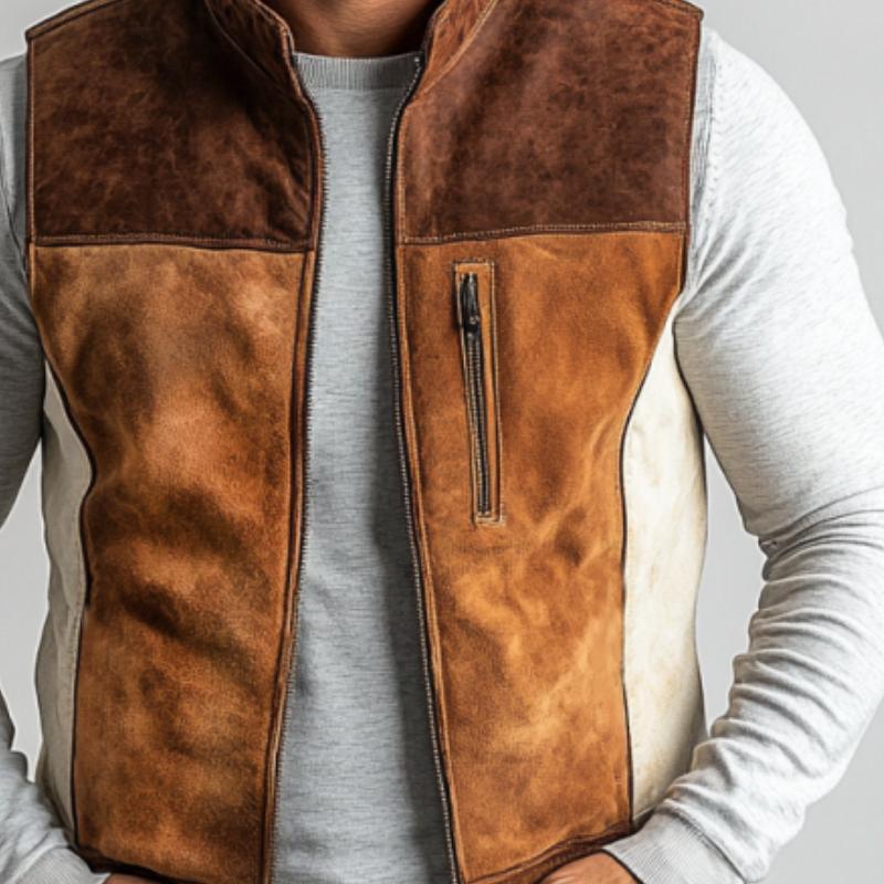 Men's Vintage Suede Colorblock Zipper Stand Collar Vest 9879659315384