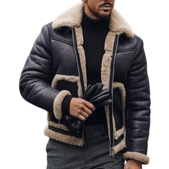 Men's Retro Casual Leather Plush Lapel Jacket 9261108134072