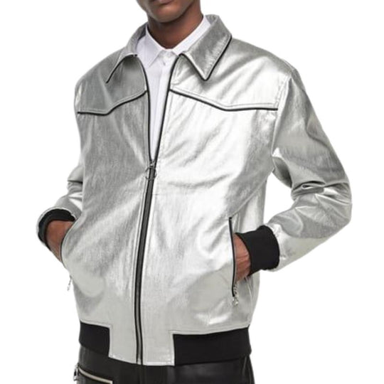 Men's Trendy Casual Silver Lapel Leather Jacket 9887361368248