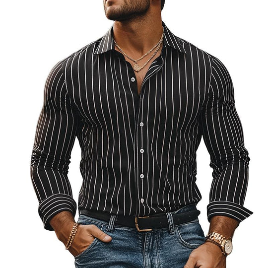Men's Retro Casual Striped Lapel Long Sleeve Shirt 9880235802808