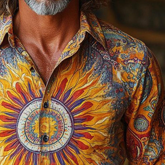 Men's Retro Casual Sun God Print Lapel Long Sleeve Shirt 9884642181304