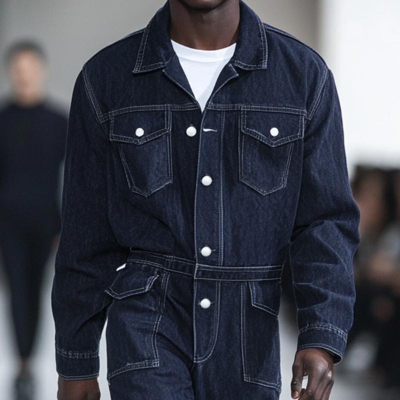 Men Fashion Multi-pocket Single-breasted Lapel Long-sleeved Denim Jumpsuit 9884643885240