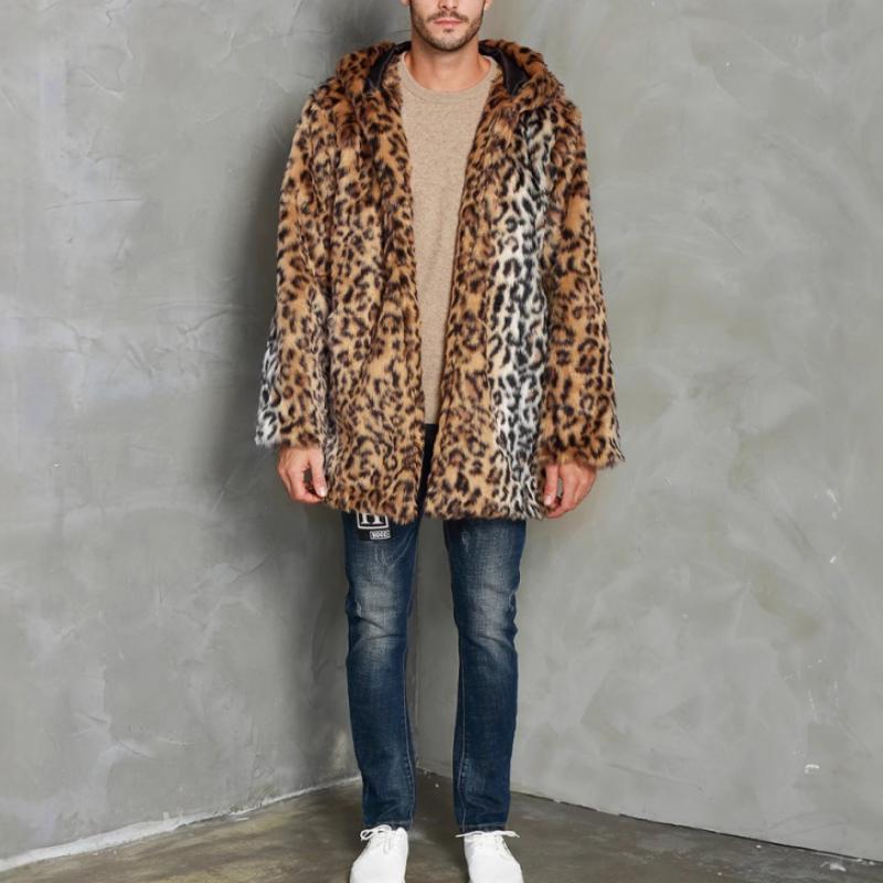 Men's Classic Casual Leopard Print Hooded Plush Faux Fur Coat 9261110231224