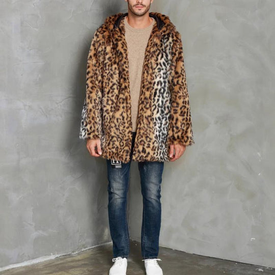 Men's Classic Casual Leopard Print Hooded Plush Faux Fur Coat 9261110231224