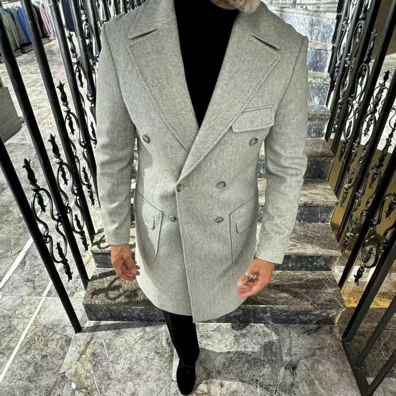 Men's Fashion Solid Color Lapel Double Breasted Mid-length Coat 9261110460600