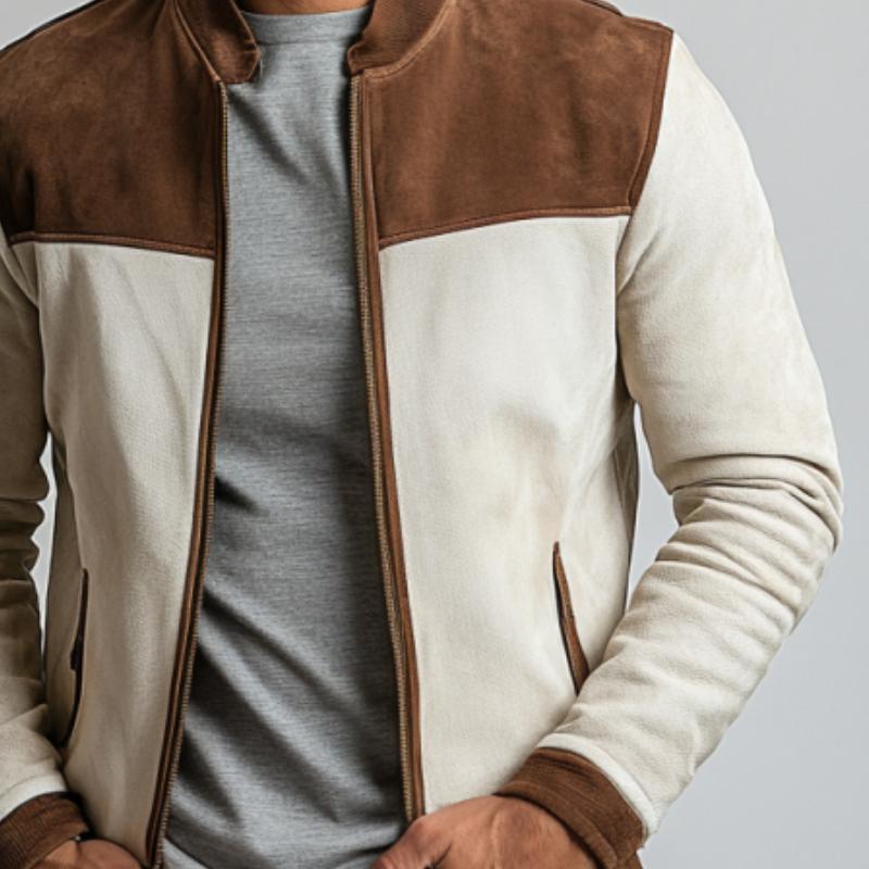 Men's Fashion Suede Colorblock Zipper Stand Collar Jacket 9879659348152