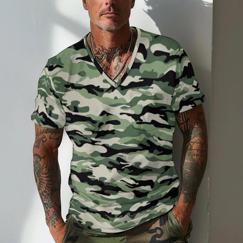 Men's Camouflage V Neck Breast Pocket Short Sleeve T-shirt 9261140508856