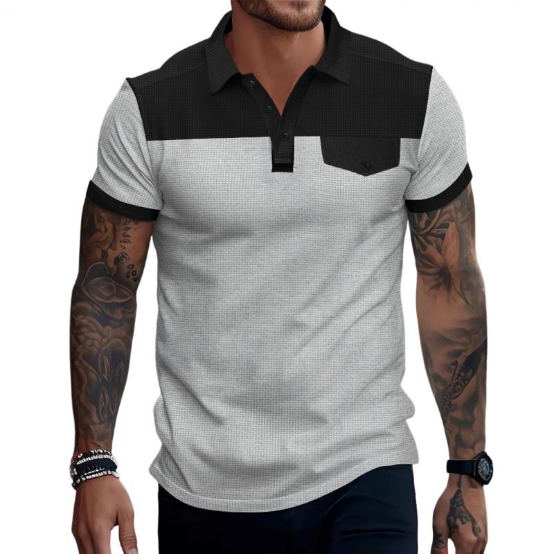 Men's Casual Waffle Colorblock Patchwork Lapel Slim Short-sleeved Polo Shirt 9887360581816