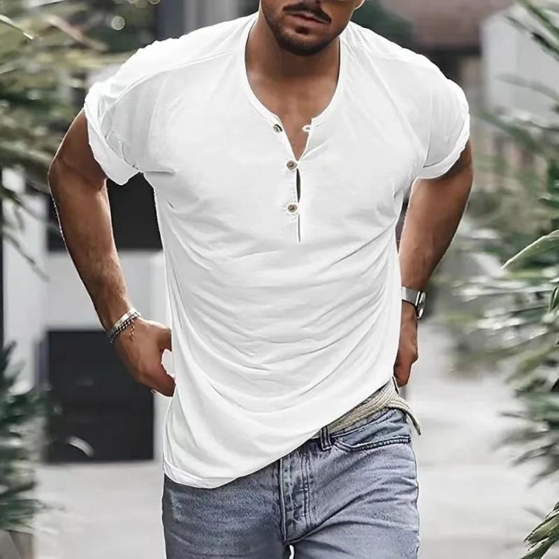 Men's Casual Solid Color Henley Collar Short Sleeve T-Shirt 9261136249016