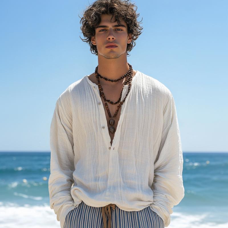 Men's Casual Cotton Linen Button Pullover Loose Long Sleeve Shirt 9887360876728