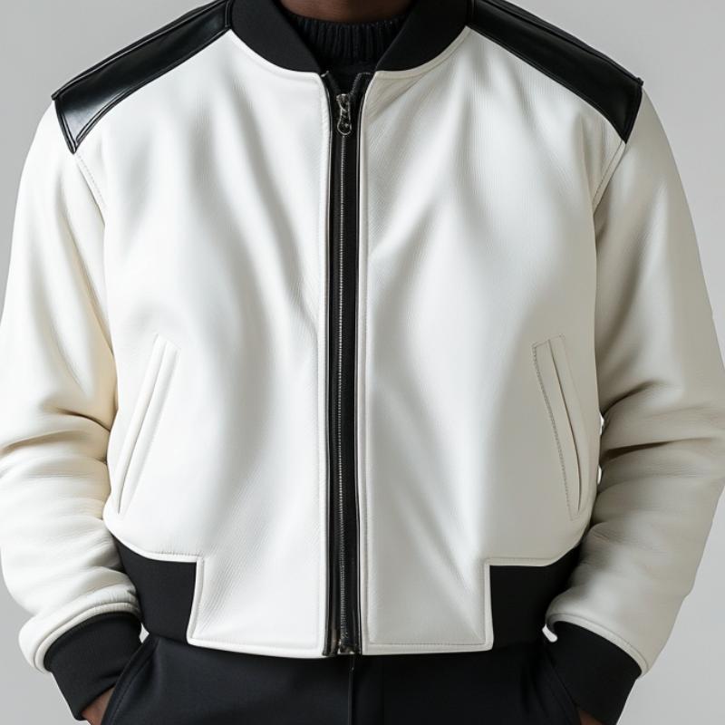 Men's Stylish Colorblock Leather Baseball Jacket 9877925429432