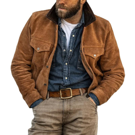 Men's Retro Fashion Suede Stitching Leather Collar Short Jacket 9882785611960