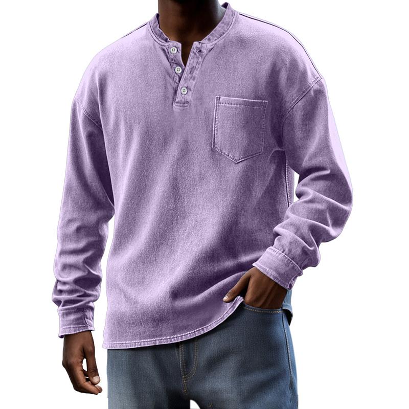 Men's Solid Henley Collar Chest Pocket Long Sleeve T-shirt 9261142442168