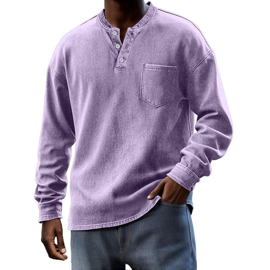 Men's Solid Henley Collar Chest Pocket Long Sleeve T-shirt 9261142442168