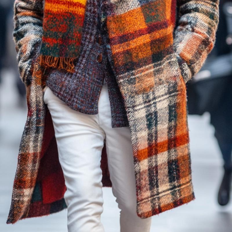 Men's Retro Woolen Colorful Plaid Print Lapel Single Breasted Mid-Length Coat 9261106004152