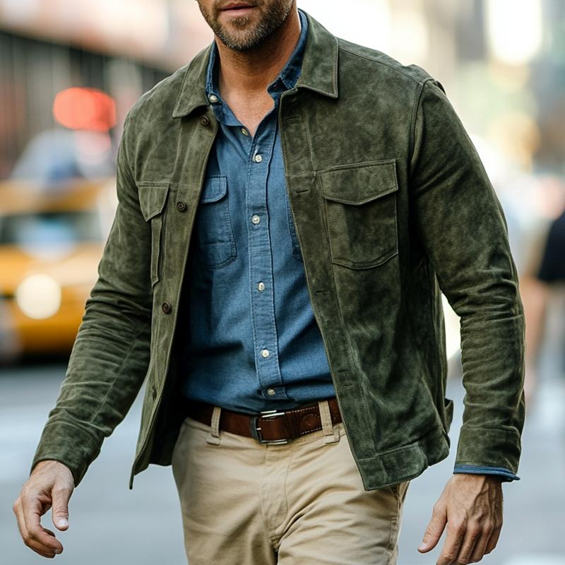Men's Solid Color Suede Lapel Single Breasted Jacket 9882788135096