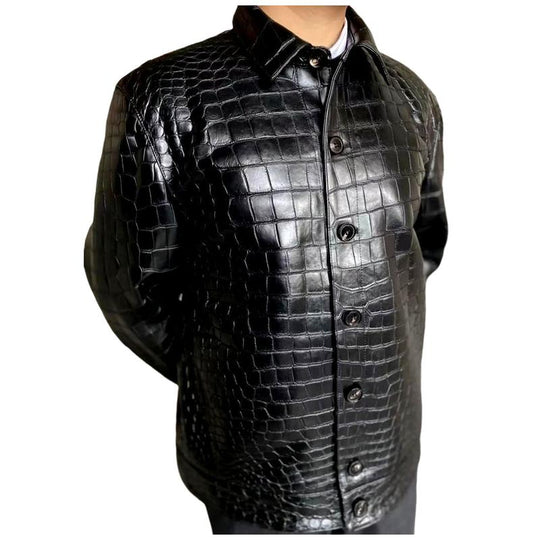 Men's All-match Solid Color Lapel Croc-effect Leather Jacket 9885321232568
