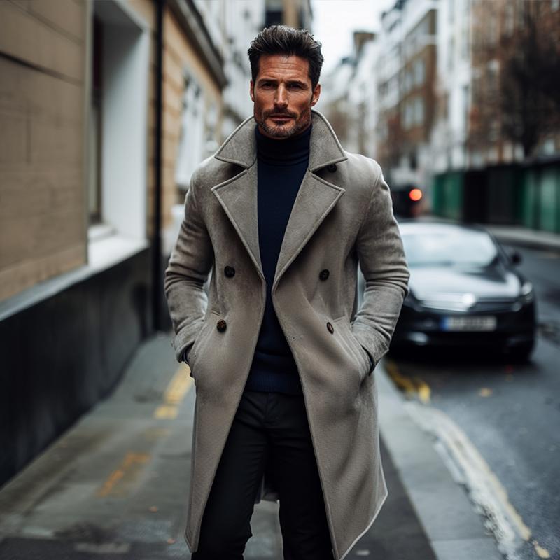 Men's Fashion Solid Lapel Double Breasted Long Coat 9261105479864