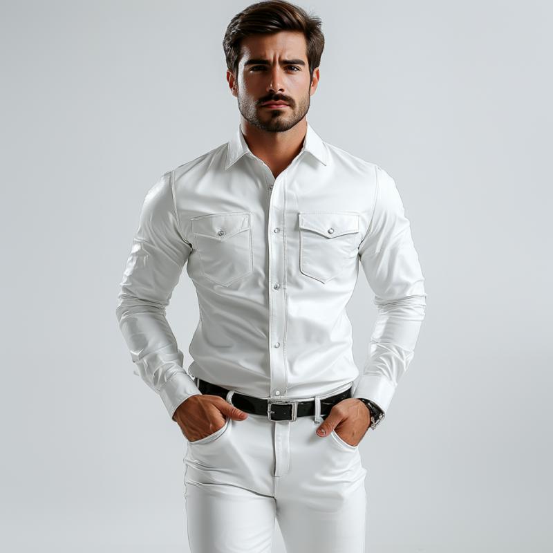 Men's Classic Casual Slim Fit Leather Long Sleeve Shirt 9877925593272
