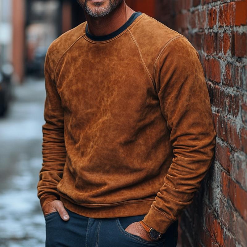 Men's Vintage Crew Neck Suede Sweatshirt 9883357413560