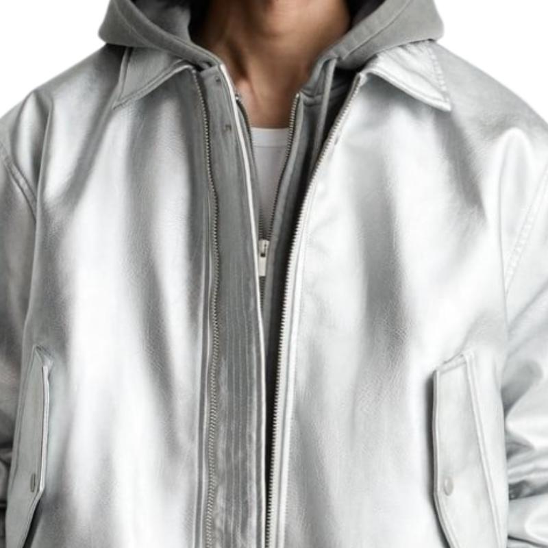 Men's Stylish Silver Lapel Leather Jacket 9887361335480