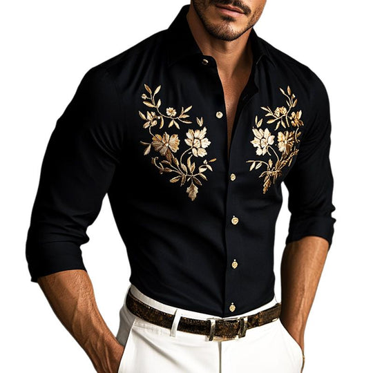 Men's Retro Casual Embroidered Lapel Long Sleeve Shirt 9885838508216