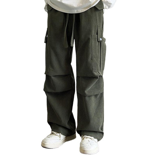 Men's Solid Corduroy Multi-pocket Elastic Waist Loose Cargo Pants 9261764575416