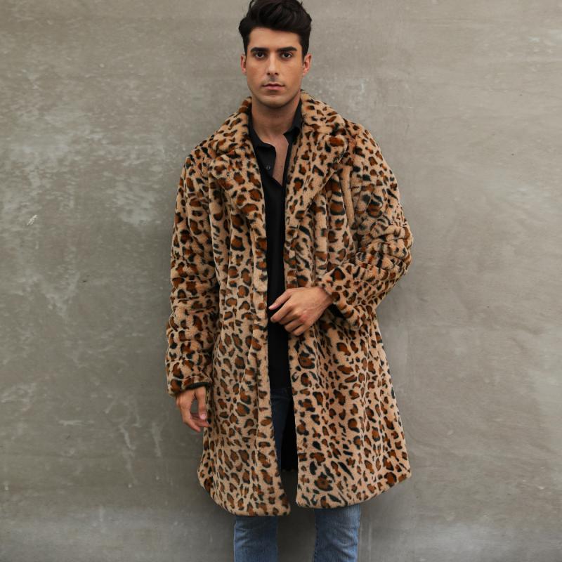 Men's Classic Casual Leopard Plush Faux Fur Suit Collar Mid-Length Coat 9261110132920