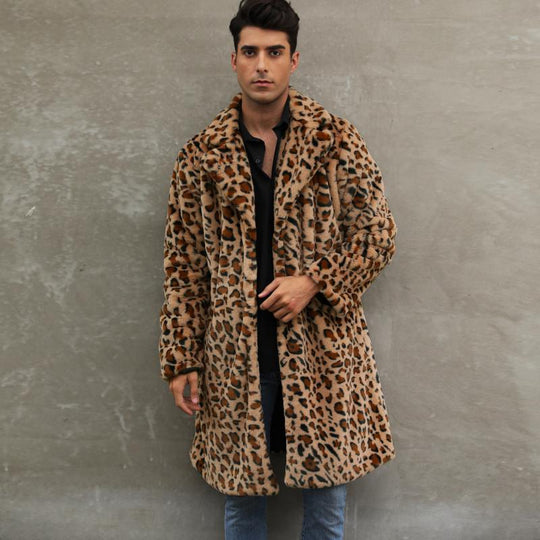 Men's Classic Casual Leopard Plush Faux Fur Suit Collar Mid-Length Coat 9261110132920