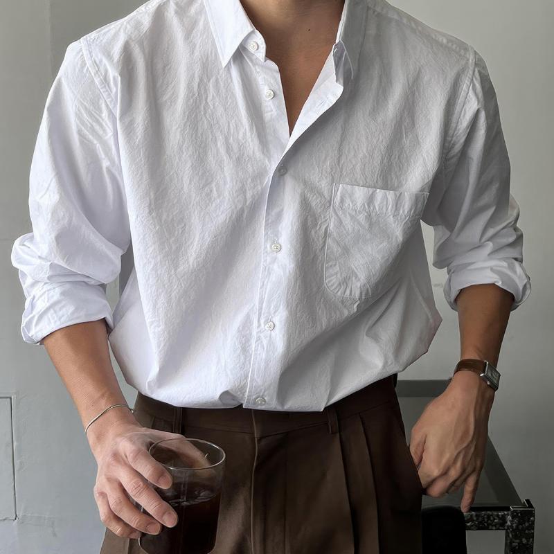 Men's Retro Casual Solid Color Pocket Lapel Long Sleeve Shirt 9901326270648