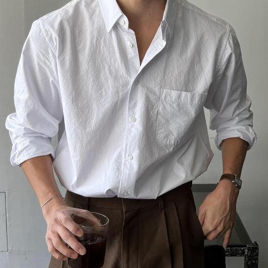 Men's Retro Casual Solid Color Pocket Lapel Long Sleeve Shirt 9901326270648