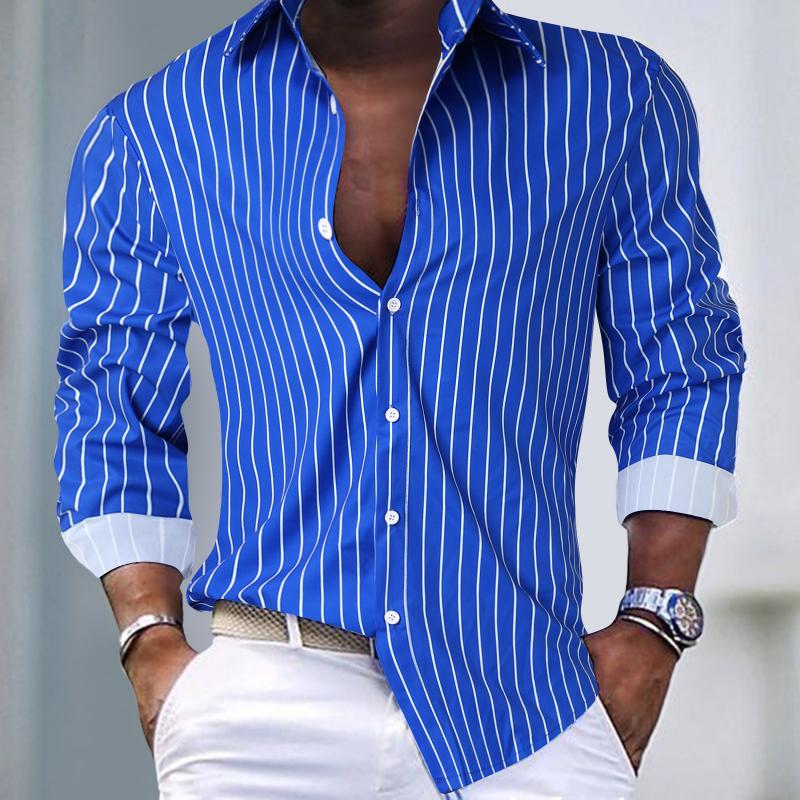 Men's Casual Striped Lapel Single Breasted Long Sleeve Shirt 9261788397752