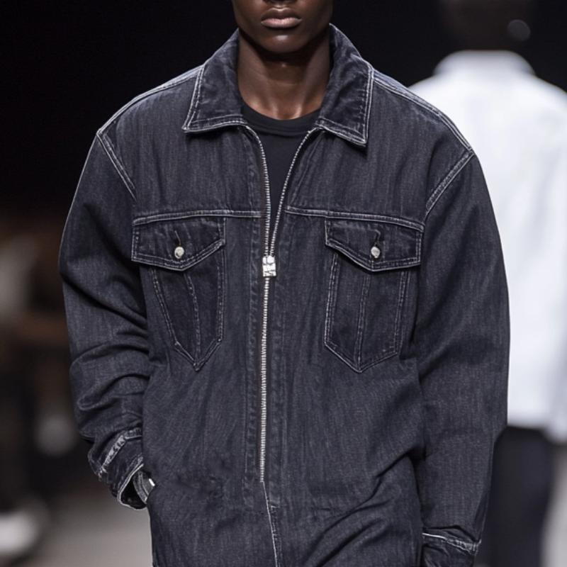 Men Fashion Multi-pocket Zipper Lapel Long-sleeved Denim Jumpsuit 9884644049080