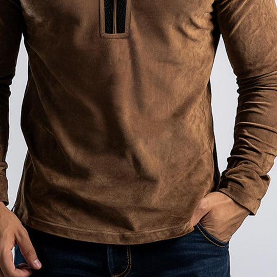 Men's Classic Casual Stitching Leather Stand Collar Suede Long Sleeve POLO Shirt 9886820303032