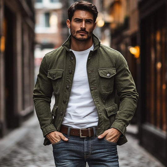 Men's Vintage Washed Denim Lapel Single Breasted Multi-Pocket Jacket 9885320478904