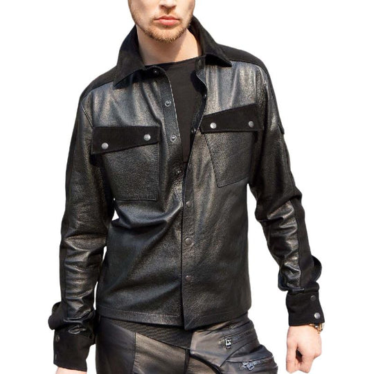 Men's Classic Leather Lapel Long Sleeve Shirt 9886816305336