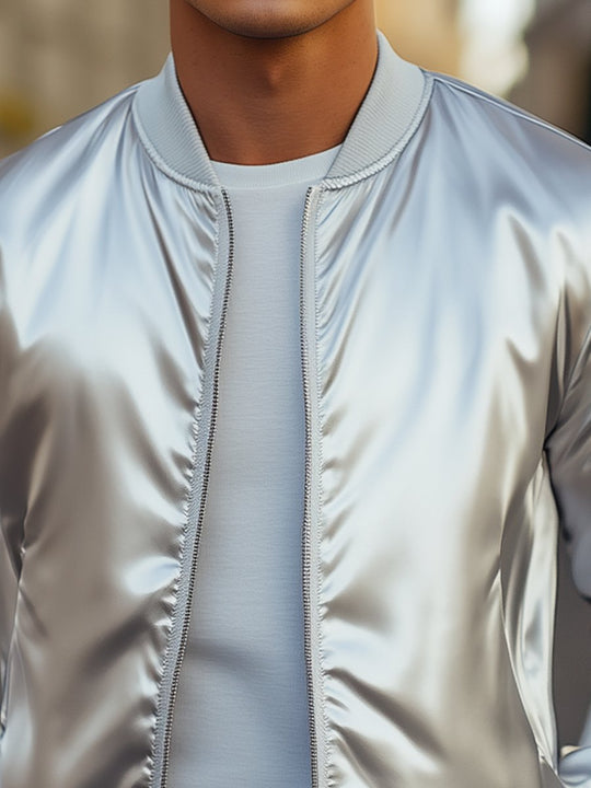 Stylish Silver Satin Bomber Jacket 9904641147064