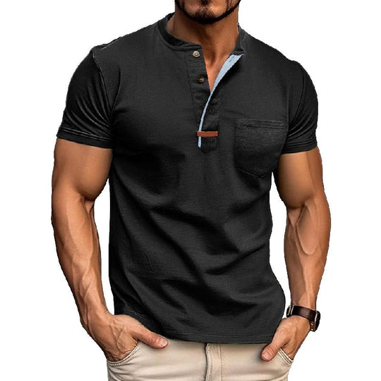 Men's Casual Cotton Colorblock Henley Collar Slim Fit Short Sleeve T-Shirt 9879658102968