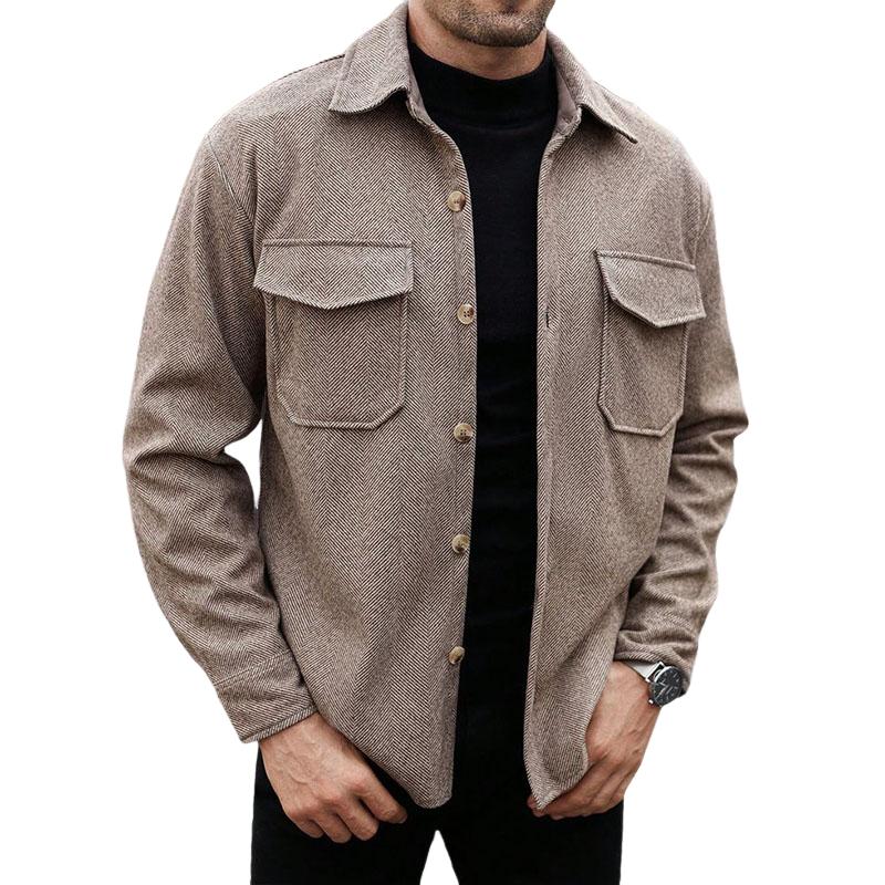 Men's Casual Herringbone Pattern Lapel Loose Chest Pocket Shirt 9880239341752