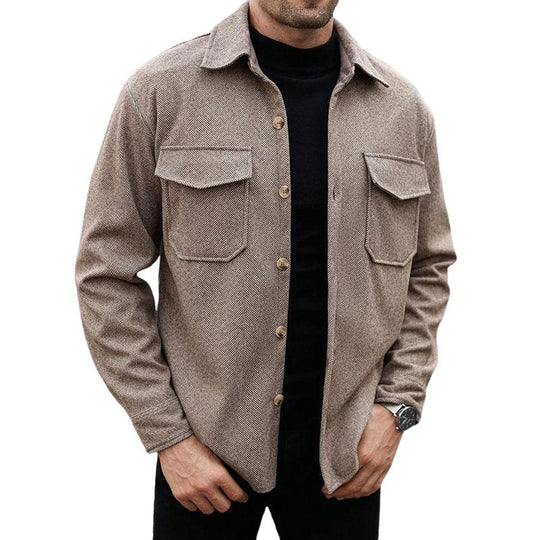 Men's Casual Herringbone Pattern Lapel Loose Chest Pocket Shirt 9880239341752