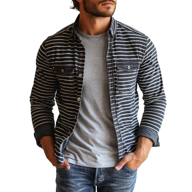 Men's Vintage Stripes Double Chest Pockets Cargo Long Sleeve Shirt 9888005259448